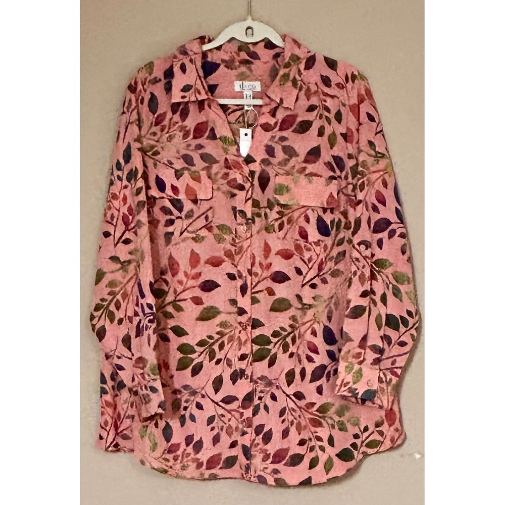 Denim & Co Pink Leaf Print Button Down Shirt Long Sleeve Womens 1X A301110